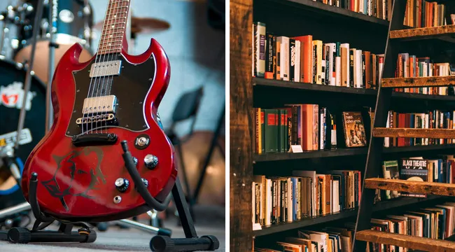 Red electric guitar on stand next to bookshelves filled with books, illustrating versatile words in music and literature.