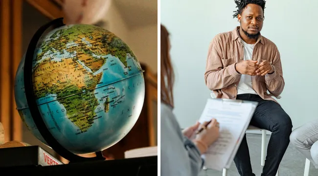 A globe showing geographic regions next to a man in a psychology session, illustrating versatile words quiz concepts.
