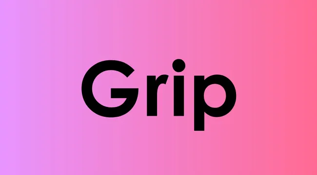The word grip displayed in bold black text on a pink to purple gradient background for a versatile words quiz.