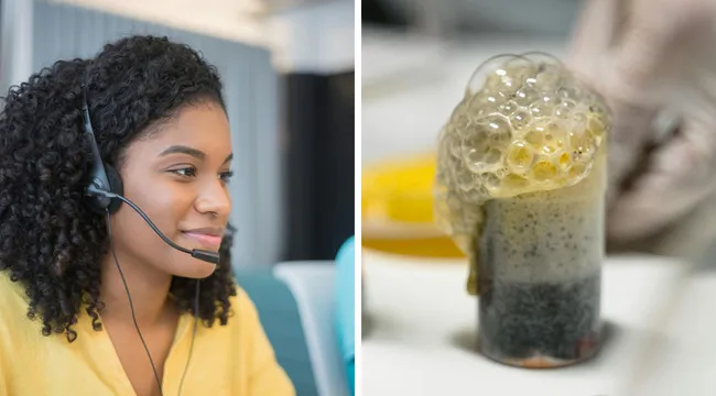 Young woman wearing headset acting as agent beside a close-up of a bubbling reactive chemical substance.