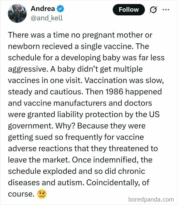 Screenshot of a social media post spreading medical misinformation about vaccines and health risks, misleading medical knowledge.