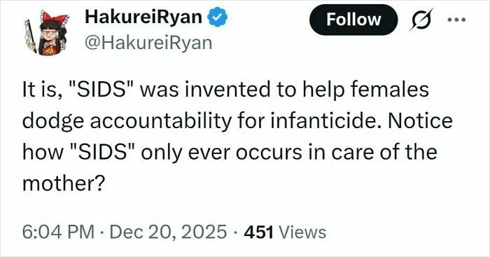 Tweet falsely spreading medical misinformation about SIDS and infant care accountability, sparking rightful online criticism.