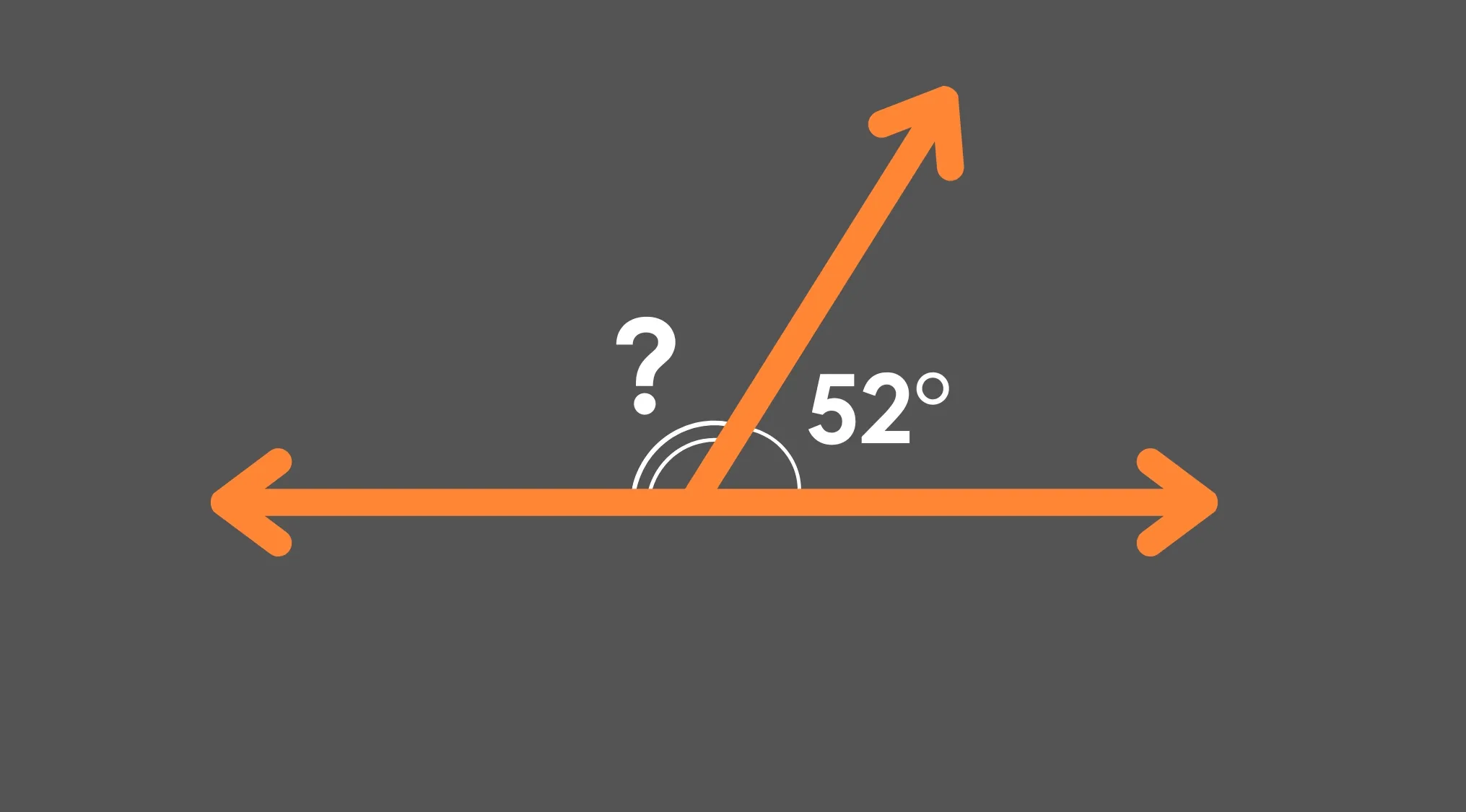 Orange arrows form a straight line with one angle marked 52 degrees and the adjacent angle unknown for basic math skills test.