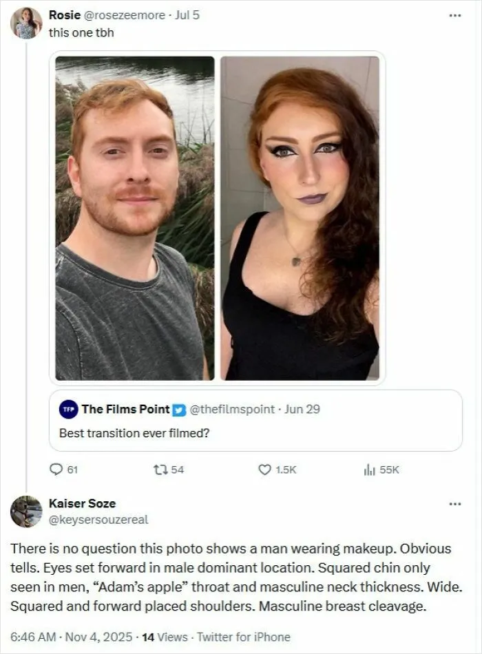 Split image showing a man without makeup outdoors and the same man wearing makeup indoors, related to medical knowledge discussion.