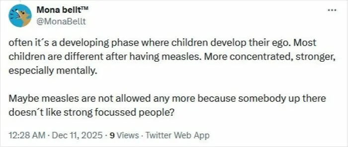 Tweet screenshot discussing misconceptions about measles and children’s development, related to medical knowledge spread and shaming.