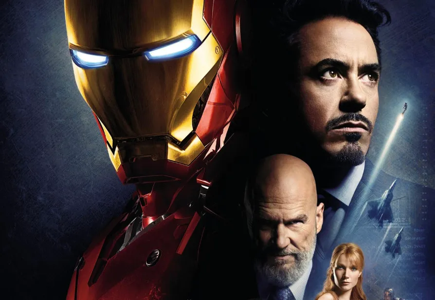 Iron Man armored hero with intense facial expressions of main characters and fighter jets flying in background.