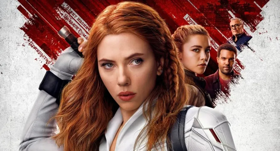 Scarlett Johansson as Black Widow with three supporting characters against a red and white textured background.