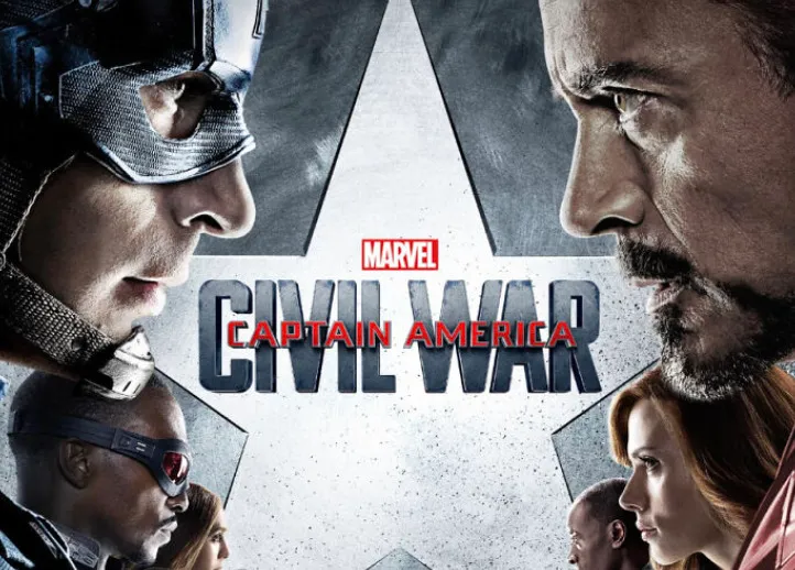 Captain America Civil War poster with close-up faces of superheroes facing off in a dramatic Marvel movie scene.