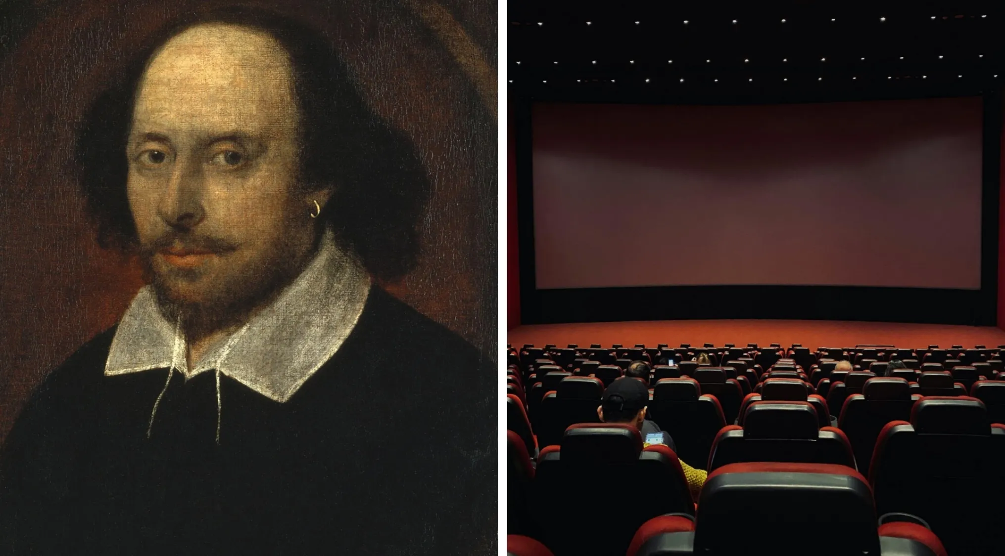 Portrait of Shakespeare with an empty movie theater, highlighting movie quiz anniversary edition and Shakespeare movie adaptations.