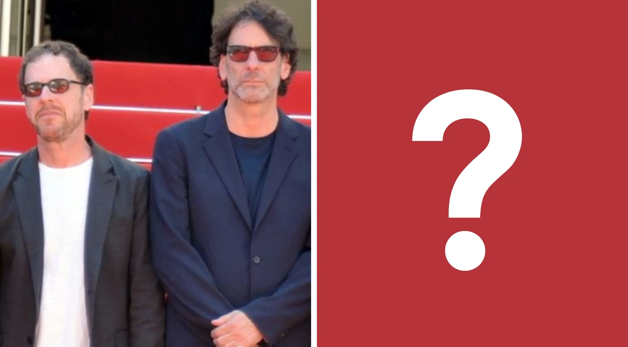 Two men in sunglasses and dark jackets standing at a red carpet event for the Coen brothers 1996 crime movie quiz.