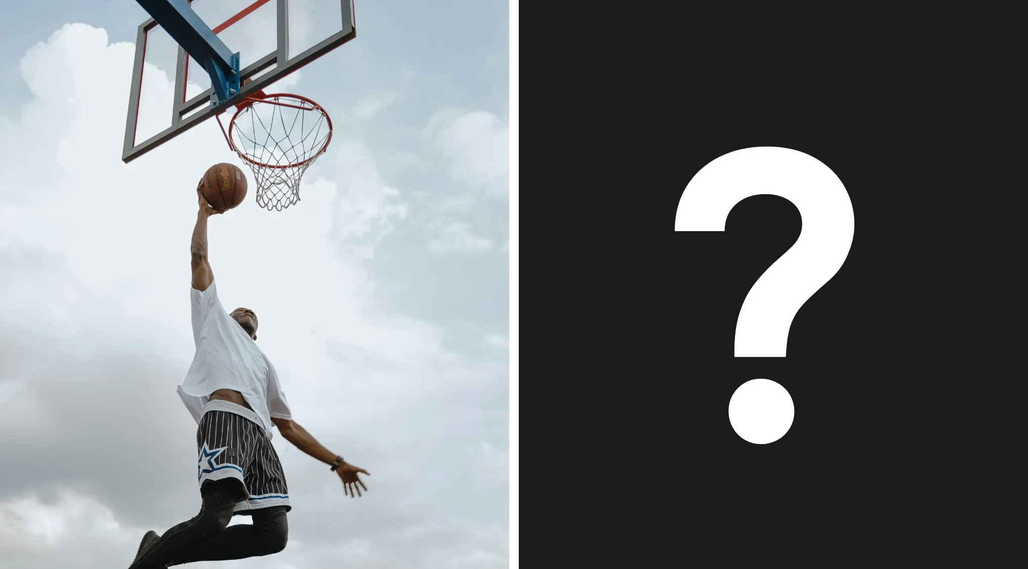 Basketball player jumping to dunk a ball in an outdoor court for a movie quiz anniversary edition challenge.