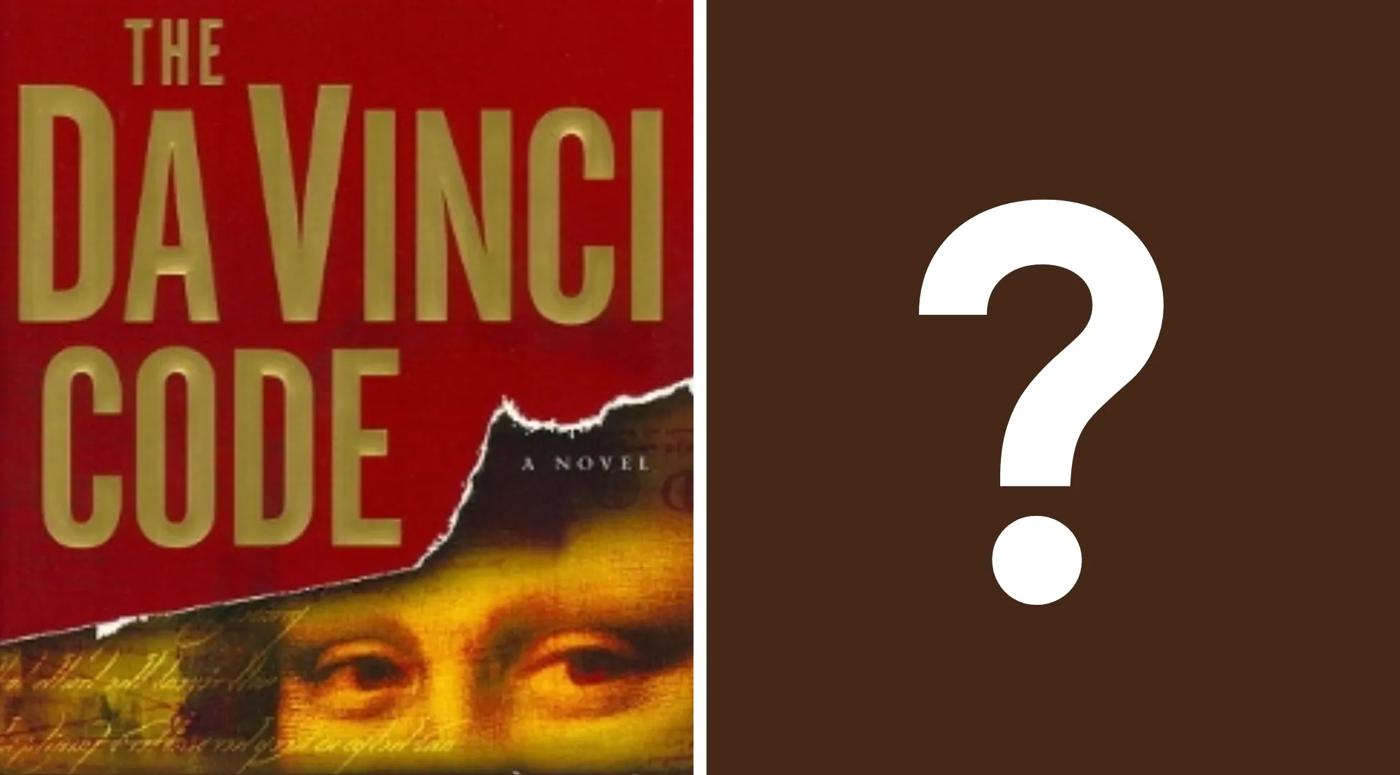 The Da Vinci Code book cover with torn edge, paired with a question mark representing the movie quiz anniversary edition.