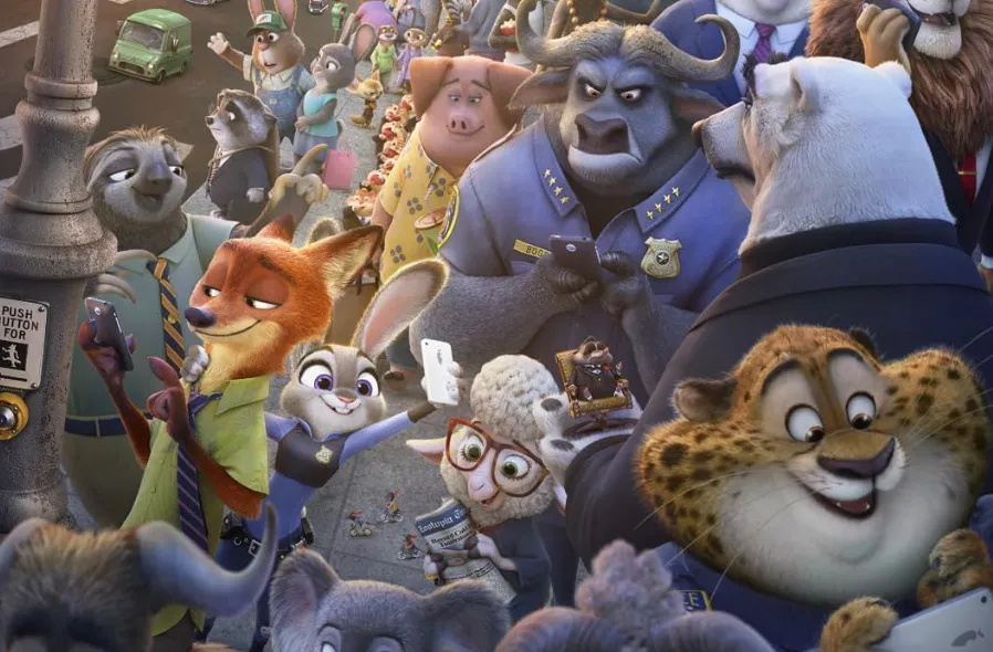 Characters from the Disney movie Zootopia gathered together in a lively city street scene with phones and smiles.