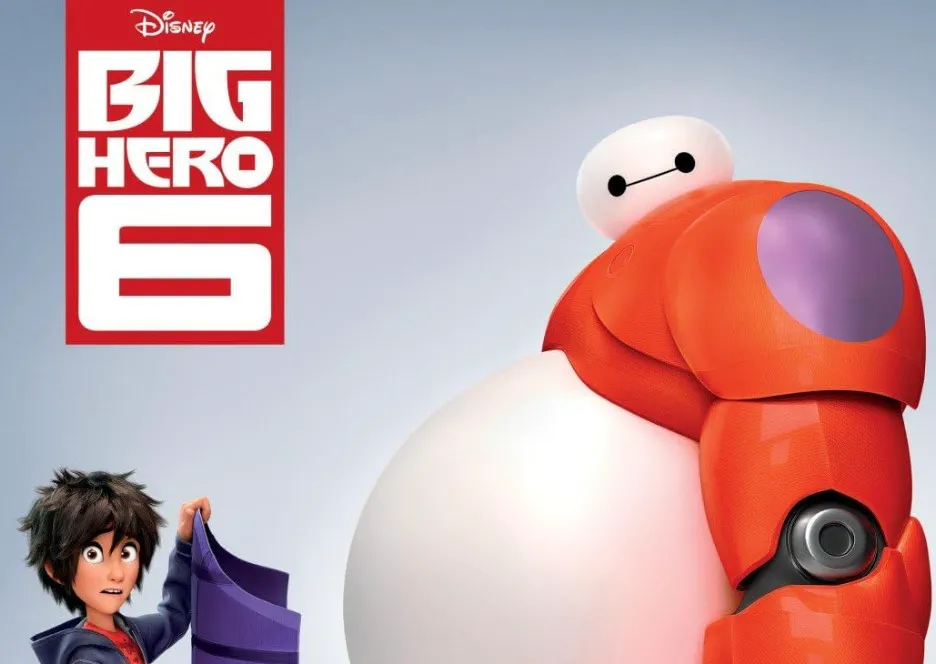 Big Hero 6 characters Hiro and Baymax featured in a Disney animated movie poster celebrating 10 years.