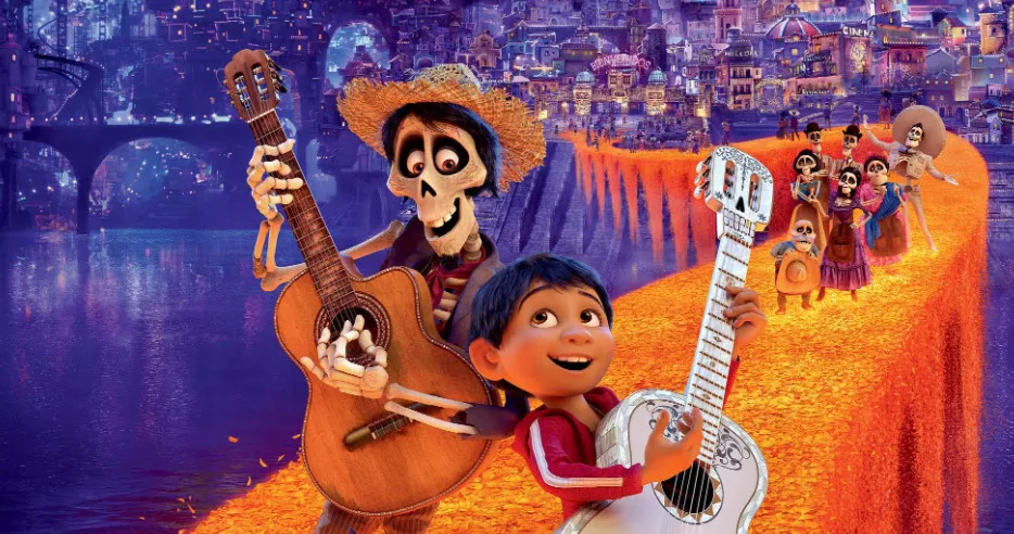 Characters from Disney movie Coco playing guitars on a glowing marigold bridge in a vibrant colorful cityscape.