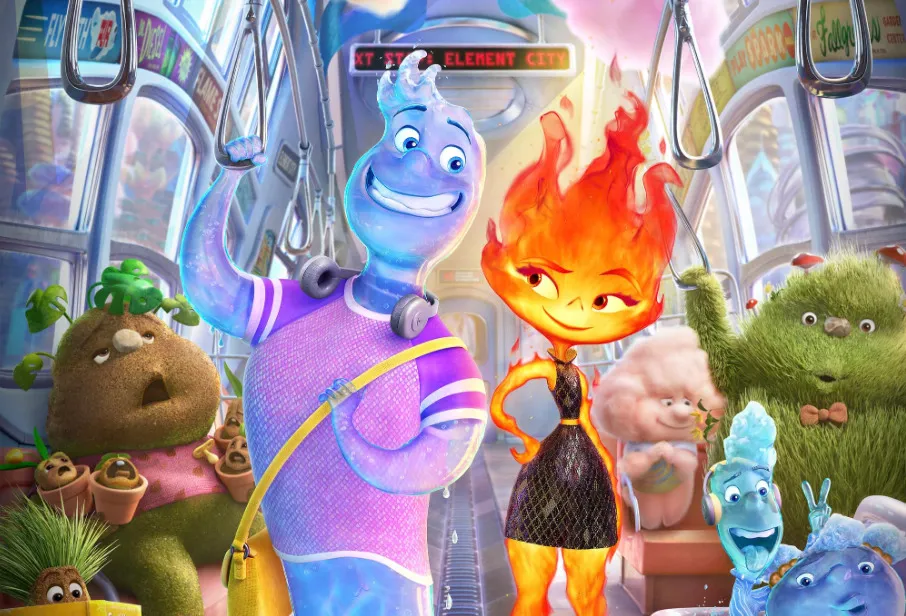 Characters from Disney's Elemental, including fire and water figures, smiling inside a colorful city bus scene.