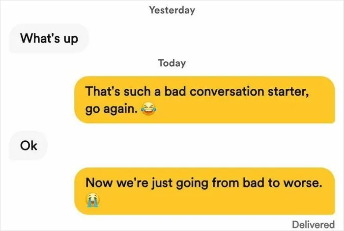 Funny dating app screenshots showing a bad conversation starter and a humorous text exchange between two users.
