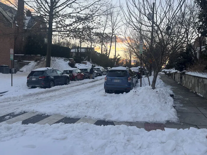 Snowstorm hitting a residential U.S. street covered in snow with parked cars and bare trees at sunset.