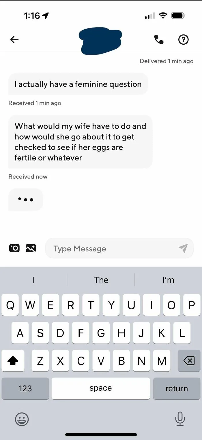 Screenshot of a humorous text conversation from an Uber driver asking about fertility tests for his wife.