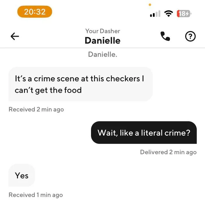 Text conversation with an Uber driver named Danielle explaining a crime scene blocking food pickup at Checkers.