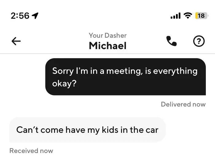 Text conversation between an Uber driver and passenger sharing a humorous message about kids in the car.