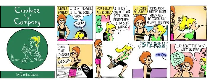 Pastel-colored comic strip depicting everyday awkwardness and warm, relatable chaos in lighthearted scenes.