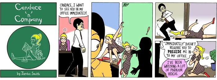 Pastel-colored comic panels showing a humorous awkward office scene with playful parkour and relatable chaos.