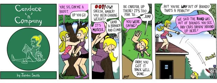 Pastel-colored comic strip depicting two girls climbing a tree and one girl falling in a warm, relatable awkward moment.