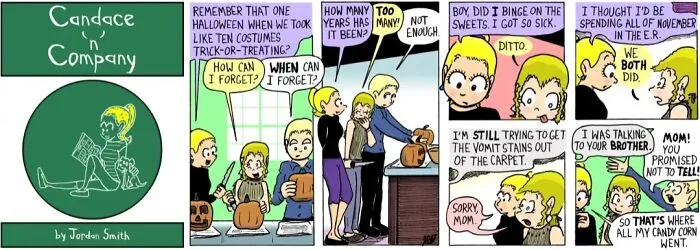 Pastel-colored comic strip by Jordan Smith showing everyday awkwardness and relatable chaotic moments during Halloween.