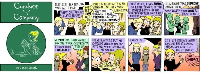 Pastel-colored comic panels showing everyday awkwardness with warm, relatable, humorous scenes and dialogue.