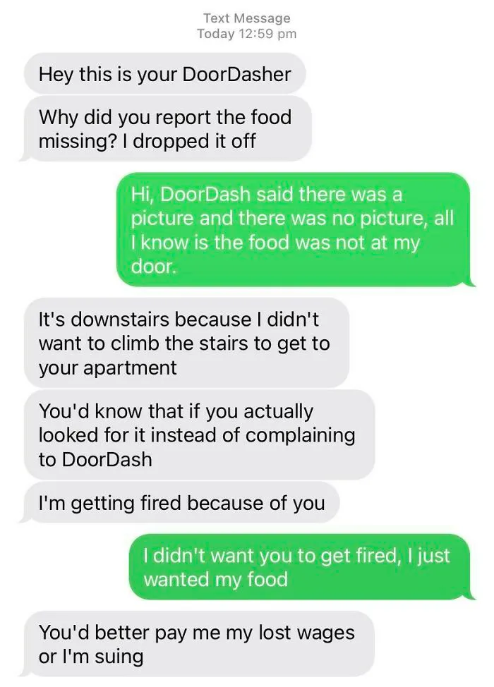 Screenshot of a funny and unhinged text exchange between a customer and a delivery driver about missing food.