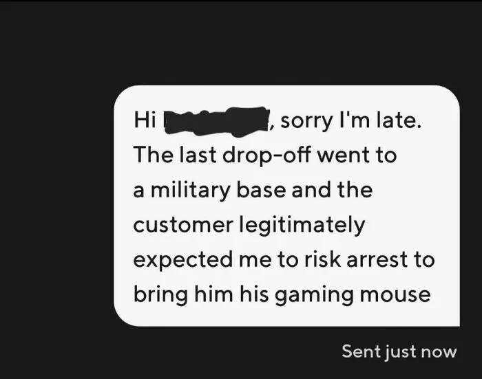 Text message from an Uber driver apologizing for being late after a drop-off at a military base involving a gaming mouse request.