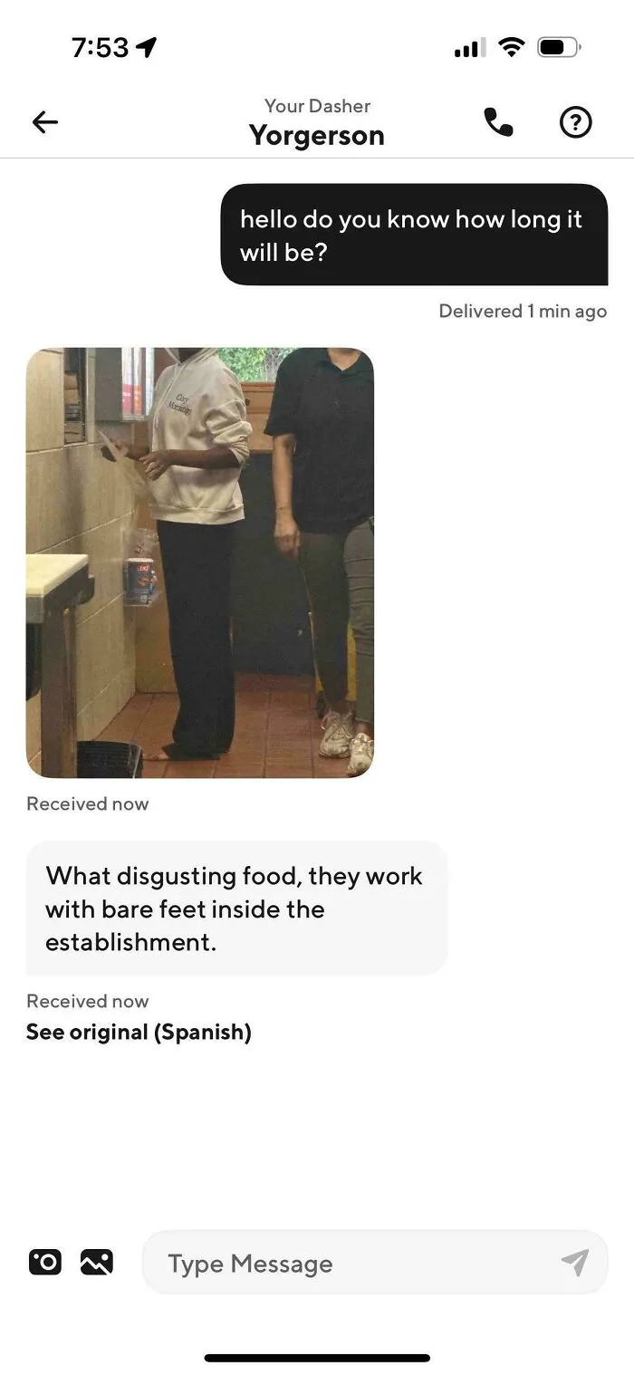 Screenshot of a funny and unhinged text exchange from an Uber driver commenting on food safety inside an establishment.