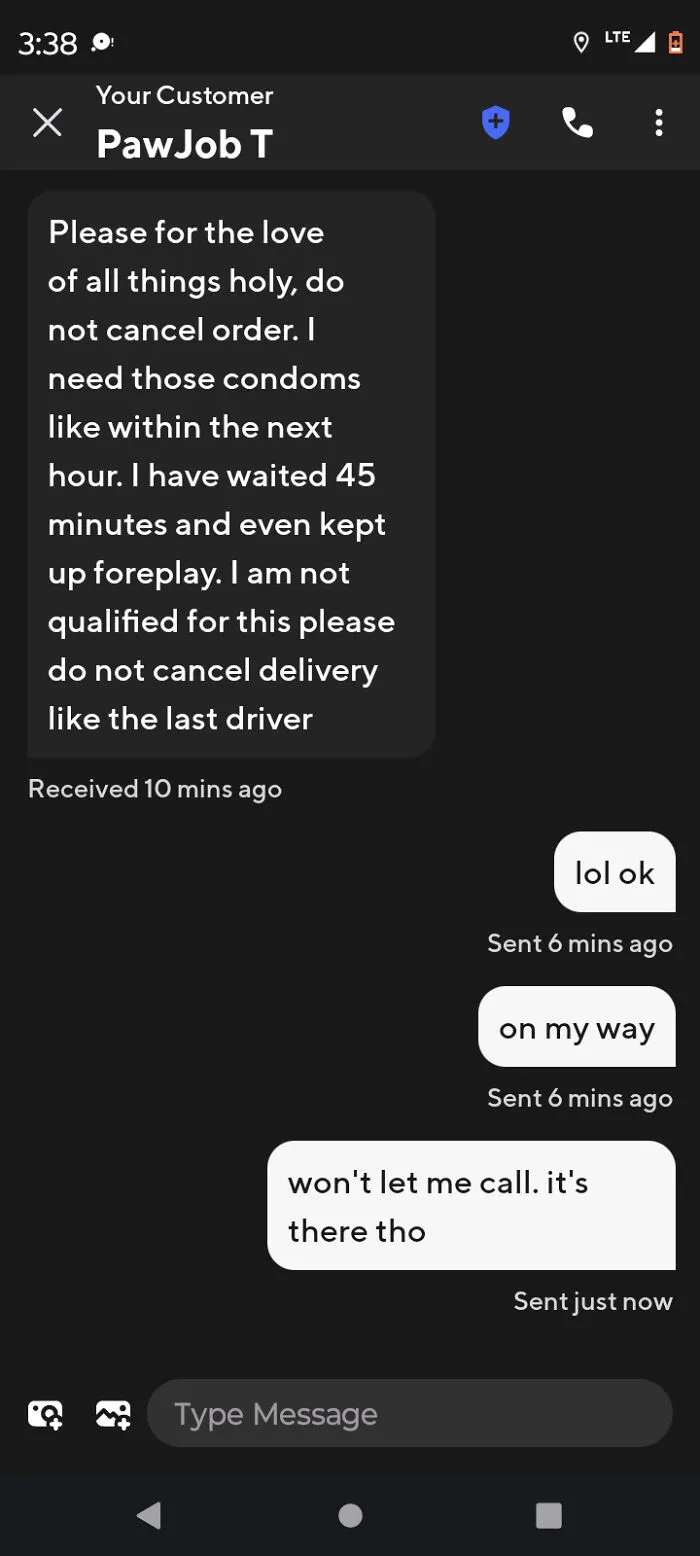 Screenshot of a humorous text conversation between Uber driver and customer about a condom delivery delay.