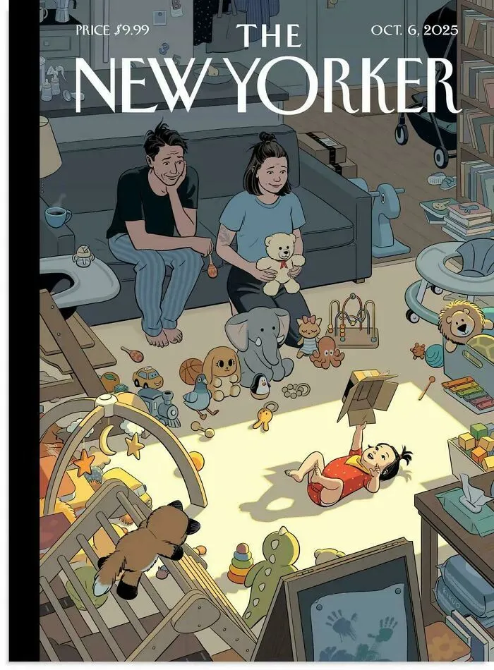Parents distracted by their child playing with consumer toys in a cluttered living room, illustrating bad consumerism impact.
