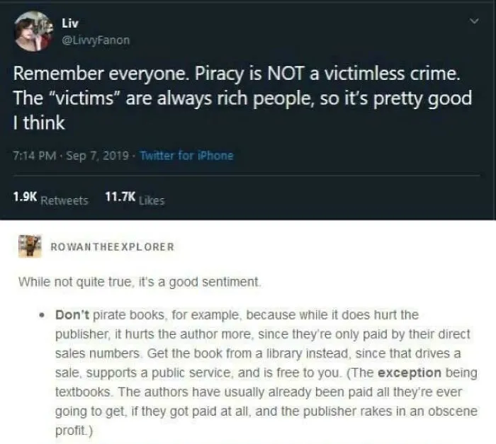 Screenshot of social media posts discussing piracy impacts on rich people and consumerism issues affecting authors and publishers.