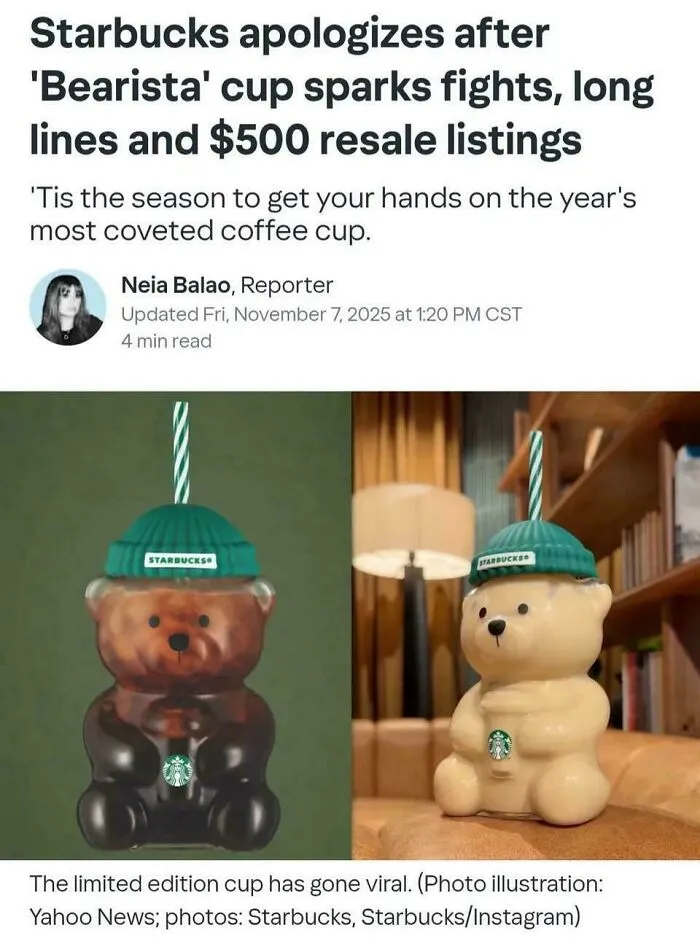 Starbucks limited edition Bearista cup causing consumerism frenzy with fights, long lines, and high resale prices.