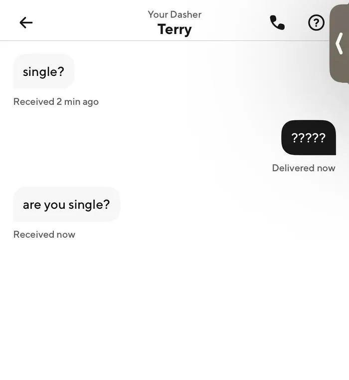 Text exchange with Uber driver Terry asking if the passenger is single, showcasing funny and unhinged Uber driver texts.