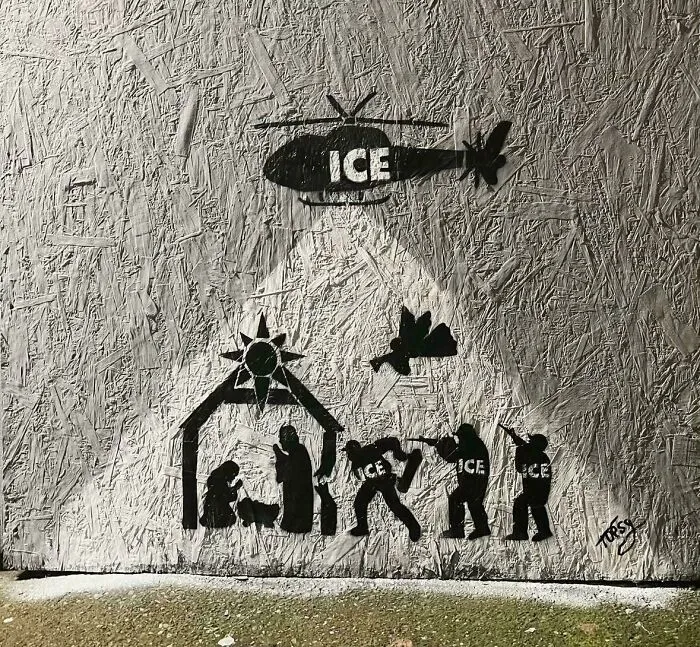 Graffiti callejero mostrando un belén en Navidad 🔥