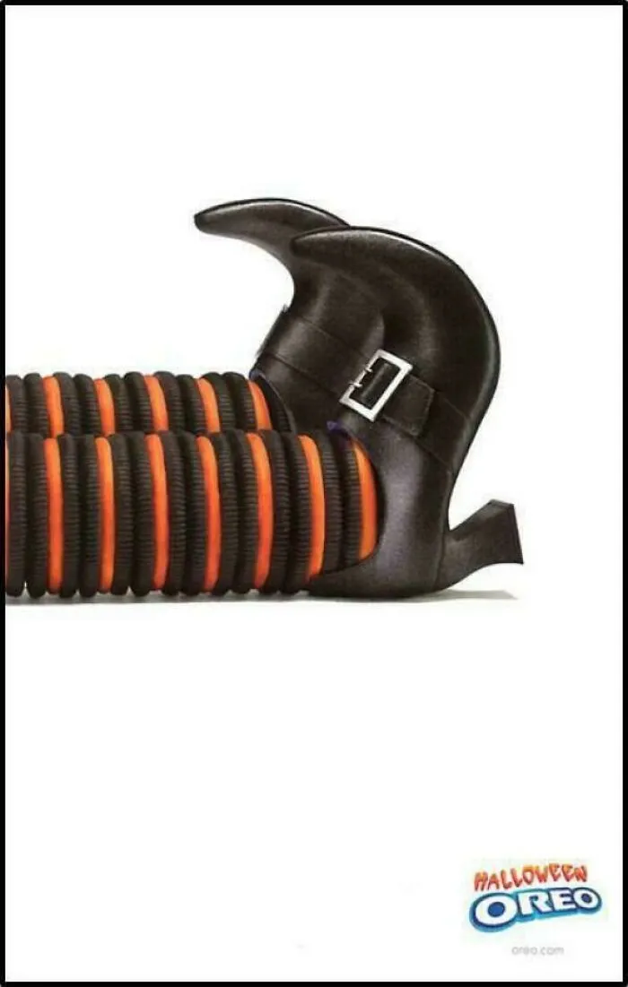 Creative Oreo cookie design mimics witch's boot and striped stockings for Halloween