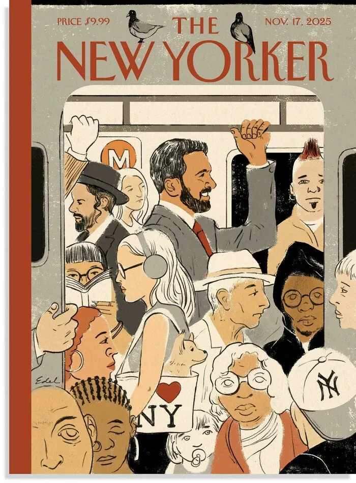 Minimalism themed busy New Yorker subway cartoon cover with diverse crowd