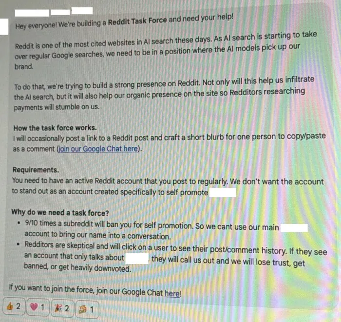 Text message about building a Reddit Task Force for corporate AI search presence