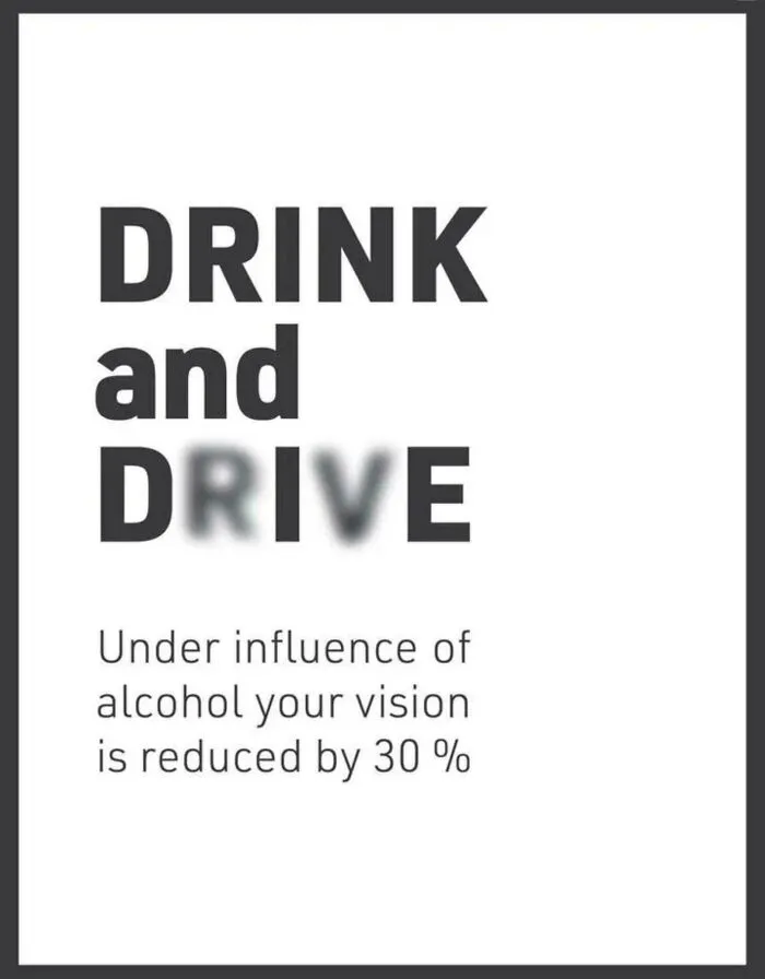 Drink and drive warning sign highlighting reduced vision under alcohol influence