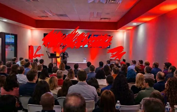 Corporate event with audience in a room with red lighting showing corporate failure