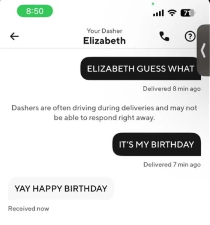Funny text exchange between a delivery driver and customer showing a birthday message in a humorous Uber driver chat.