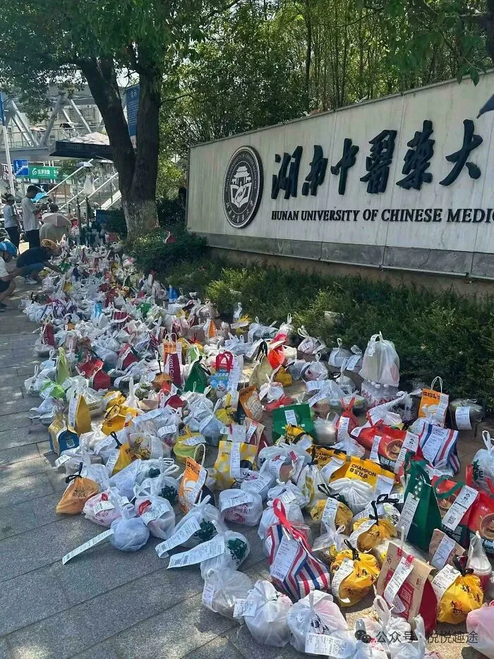 Bags of food and supplies lined up outside Hunan University, illustrating a dystopian urban hell and modern life challenges.