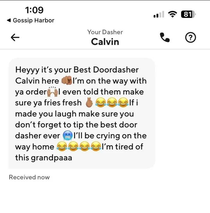 Text message from Uber driver Calvin making jokes while delivering order, showcasing funny and unhinged Uber driver texts.