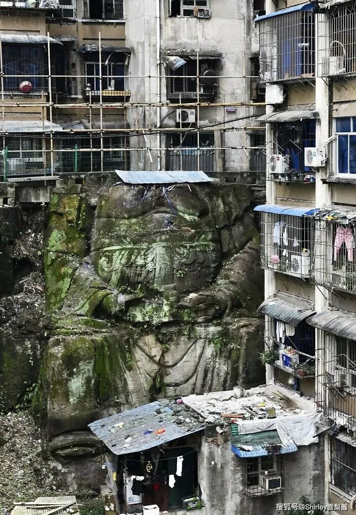 Building On A Giant Ancient Buddha Statue. Chongqing, China