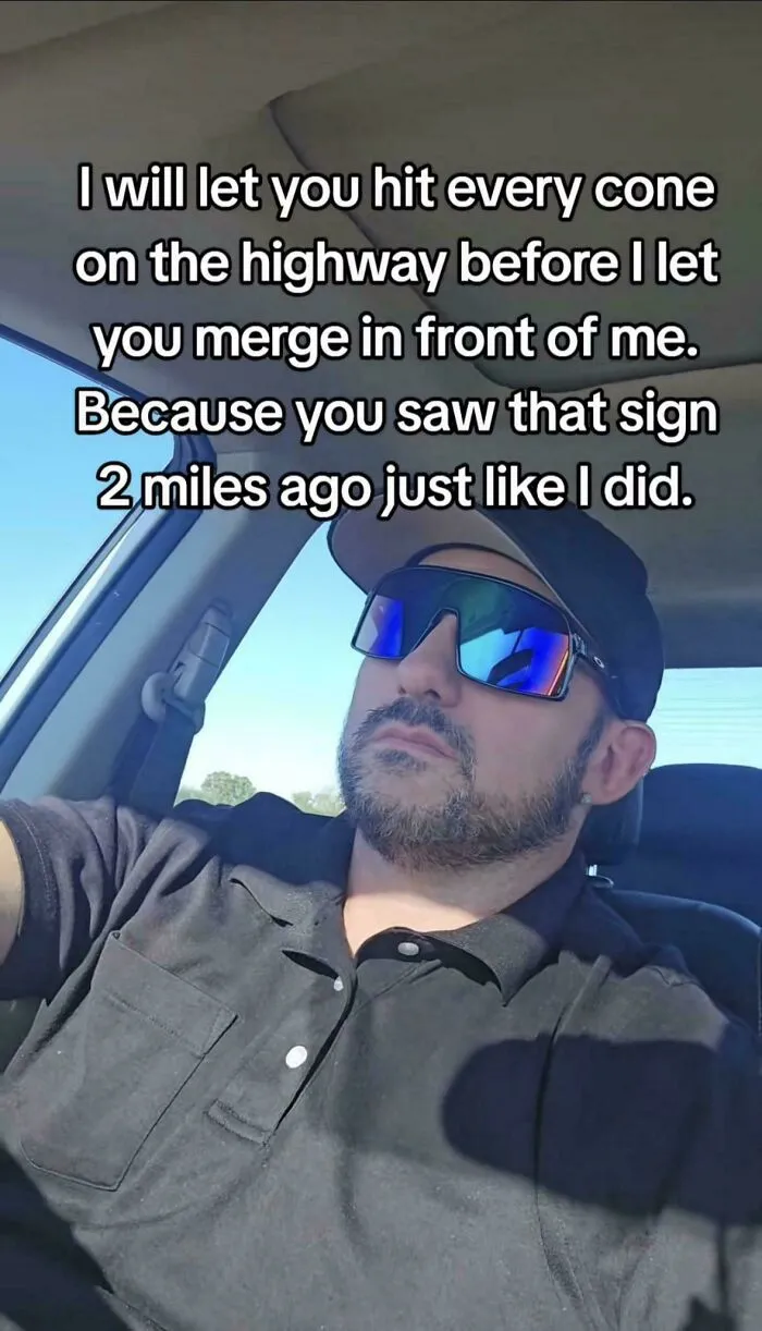 Man in sunglasses sharing tough guy driving warning