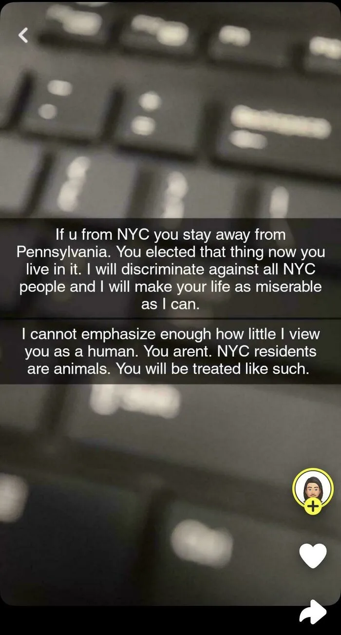 Text message threatening NYC residents with discrimination